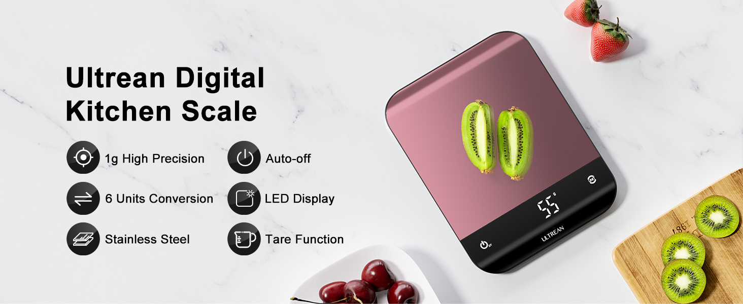 Ultrean Food Scale, Digital Kitchen Scale with LED Display, Weight Grams and Ounces for Baking Cooking, 6 Units with Tare Function, 11lb (Batteries Included)