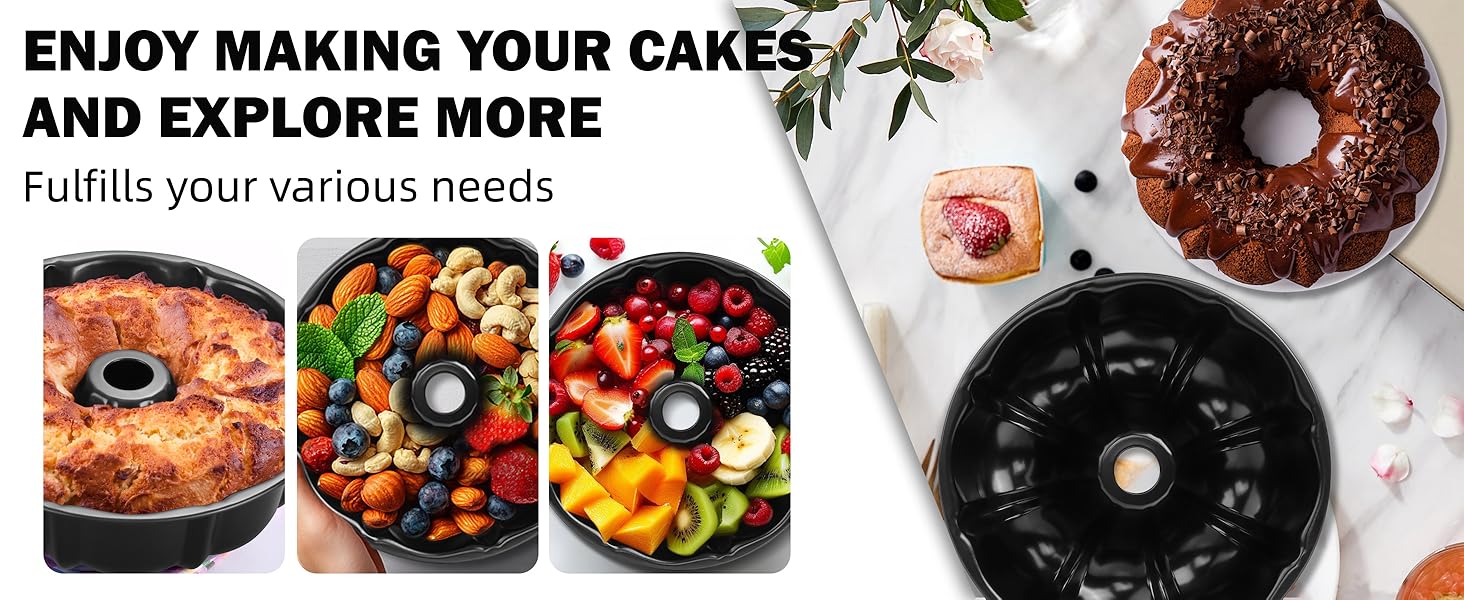 TeamFar 10 Inch Nonstick Cake Pan, 10 Cups Fluted Tube Cake Pan for Baking, Heavy Duty Carbon Steel Round Baking Tray for Making Jello/Monkey Bread/Chocoflan, Non Toxic, Easy Clean - Black