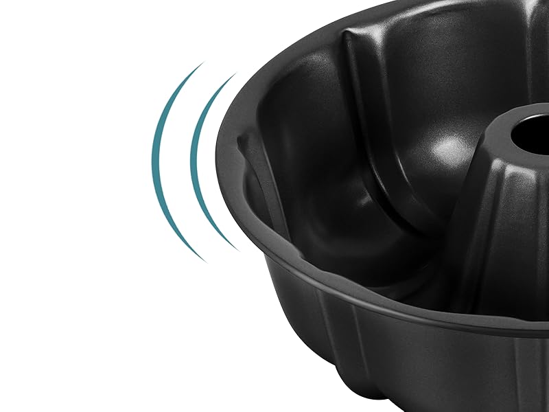 TeamFar 10 Inch Nonstick Cake Pan, 10 Cups Fluted Tube Cake Pan for Baking, Heavy Duty Carbon Steel Round Baking Tray for Making Jello/Monkey Bread/Chocoflan, Non Toxic, Easy Clean - Black