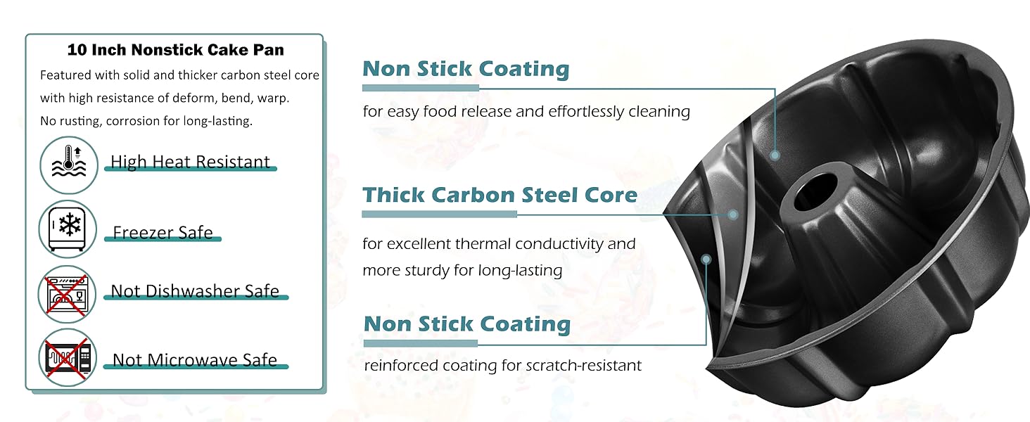 TeamFar 10 Inch Nonstick Cake Pan, 10 Cups Fluted Tube Cake Pan for Baking, Heavy Duty Carbon Steel Round Baking Tray for Making Jello/Monkey Bread/Chocoflan, Non Toxic, Easy Clean - Black