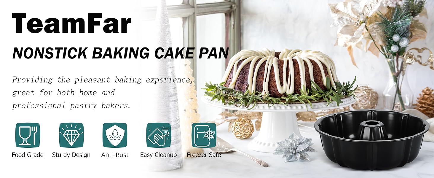 TeamFar 10 Inch Nonstick Cake Pan, 10 Cups Fluted Tube Cake Pan for Baking, Heavy Duty Carbon Steel Round Baking Tray for Making Jello/Monkey Bread/Chocoflan, Non Toxic, Easy Clean - Black