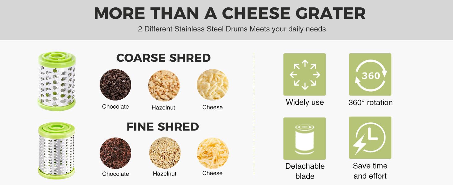 Cheese Grater with Handle, Kitchen Parmesan Cheese Grater with 2 Stainless Steel Drums, Rotary Cheese Graters Handheld for Grating and Shredding Hard Cheese, Chocolate