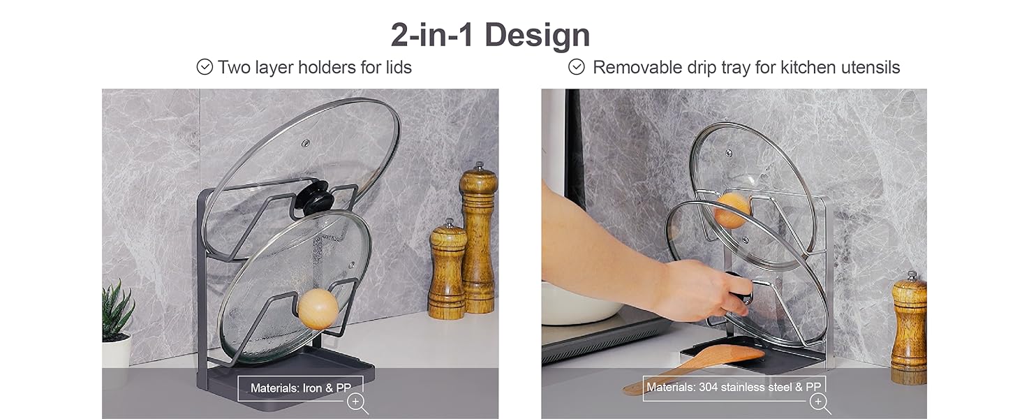 304 Stainless Steel Pot Lid Holder While Cooking, Kitchen Pot Lid Storage Rack for stove top, Multifunctional Kitchen Pot Lid Organizer for Countertop(Silver)