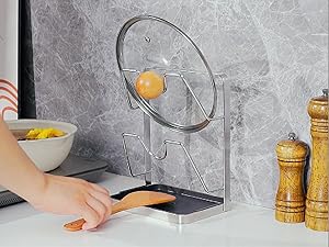 304 Stainless Steel Pot Lid Holder While Cooking, Kitchen Pot Lid Storage Rack for stove top, Multifunctional Kitchen Pot Lid Organizer for Countertop(Silver)