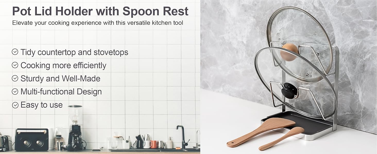 304 Stainless Steel Pot Lid Holder While Cooking, Kitchen Pot Lid Storage Rack for stove top, Multifunctional Kitchen Pot Lid Organizer for Countertop(Silver)