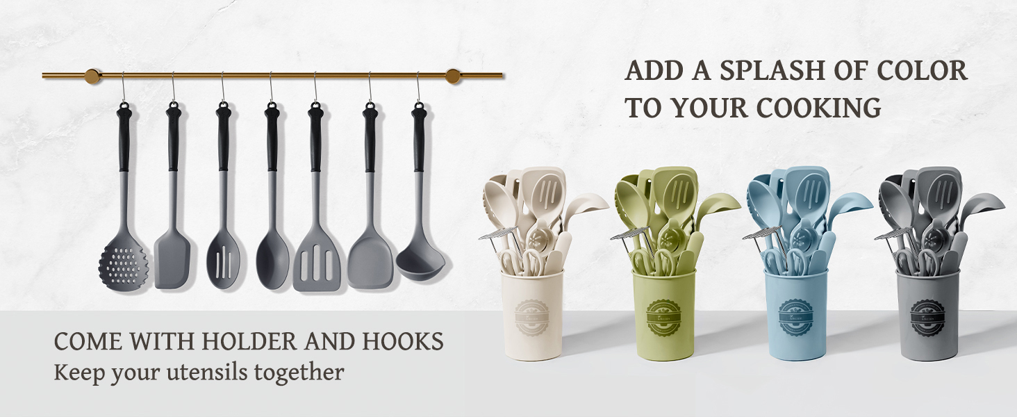 Kikcoin 43Pcs Large Kitchen Utensils Set - Silicone Cooking Utensils Set, Dishwasher Safe Spatula Set for Non-stick Cookware, 446°F Heat Resistant Kitchen Utensils Set with Holder BPA Free, Grey