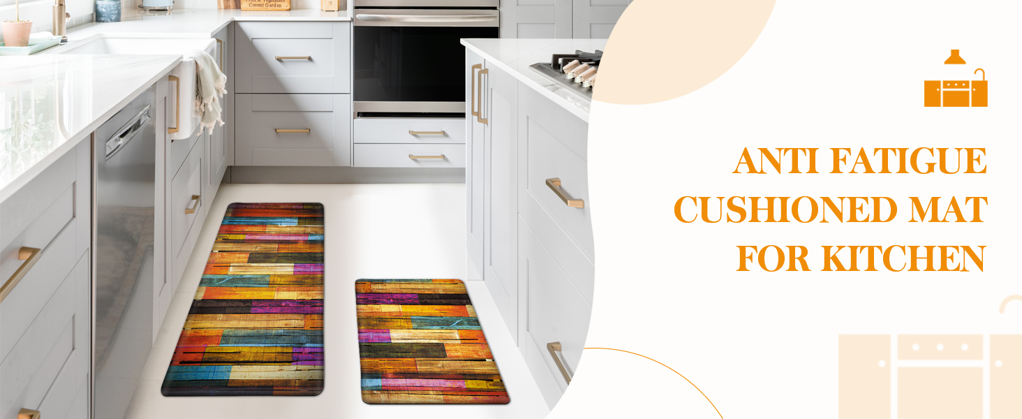 Kitchen Mats for Floor Colorful kitchen rugs Cool Wooden Abstract Anti Fatigue Kitchen Mats Waterproof Floor Mats Cushioned Non-Skid Standing Mats for Laundry, Sink, Set of 2,17.3 x 28+17.3 x 47 Inch