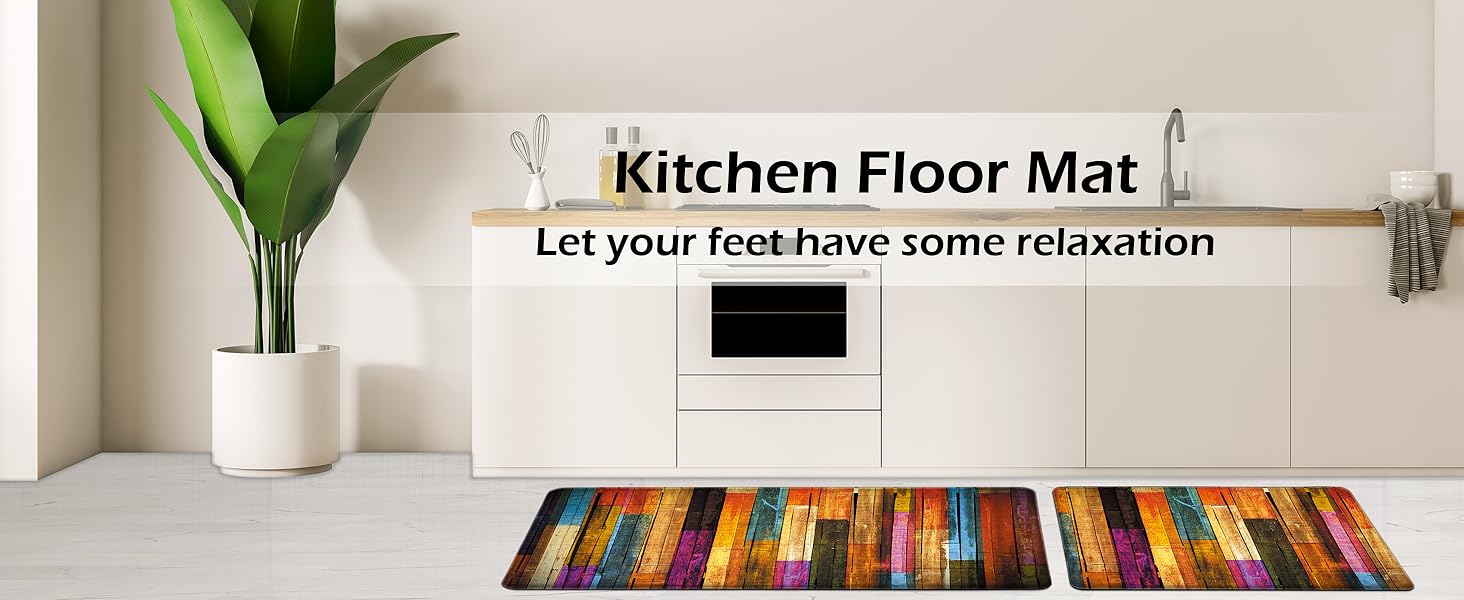 Kitchen Mats for Floor Colorful kitchen rugs Cool Wooden Abstract Anti Fatigue Kitchen Mats Waterproof Floor Mats Cushioned Non-Skid Standing Mats for Laundry, Sink, Set of 2,17.3 x 28+17.3 x 47 Inch