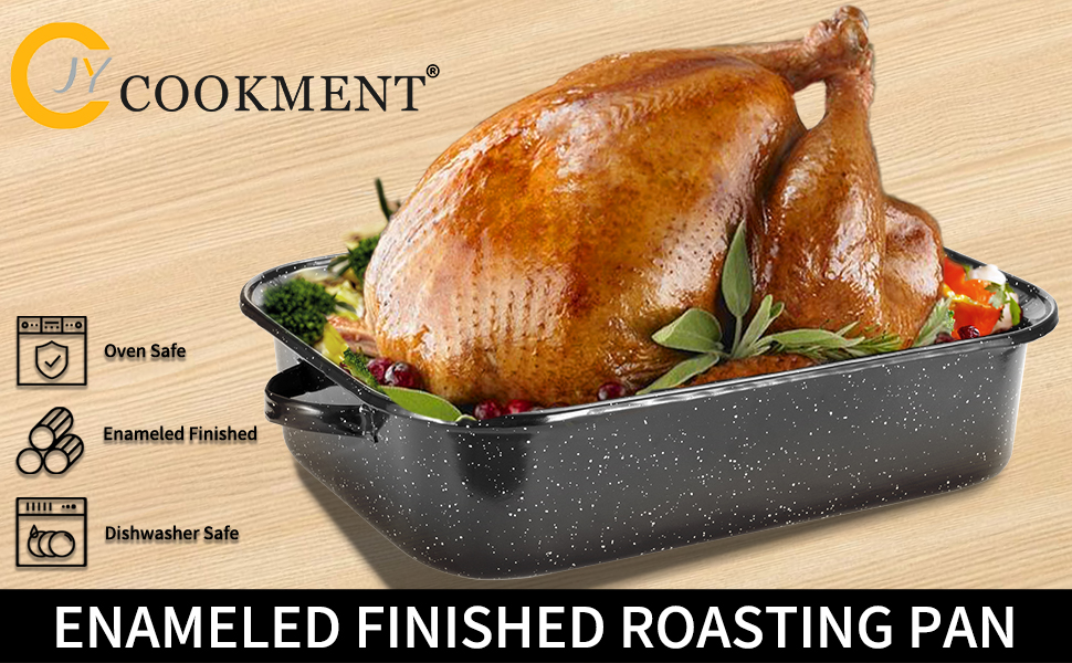 JY COOKMENT Roasting Pan With Lid and Rack, 21' Rectangular, 25lb Turkey Roaster Pot, Large Oven Roaster Tray, V-Rack and Versatile Lid Bone Turkey Baster