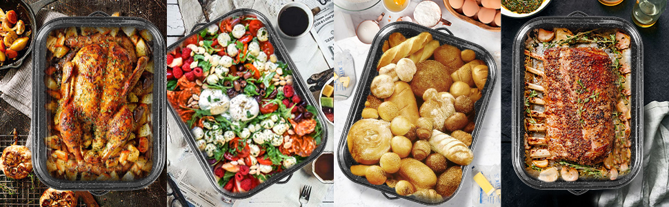 JY COOKMENT Roasting Pan With Lid and Rack, 21' Rectangular, 25lb Turkey Roaster Pot, Large Oven Roaster Tray, V-Rack and Versatile Lid Bone Turkey Baster