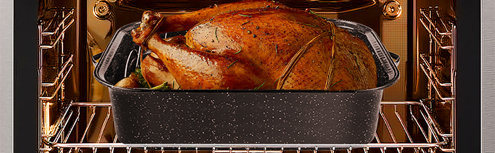 JY COOKMENT Roasting Pan With Lid and Rack, 21' Rectangular, 25lb Turkey Roaster Pot, Large Oven Roaster Tray, V-Rack and Versatile Lid Bone Turkey Baster