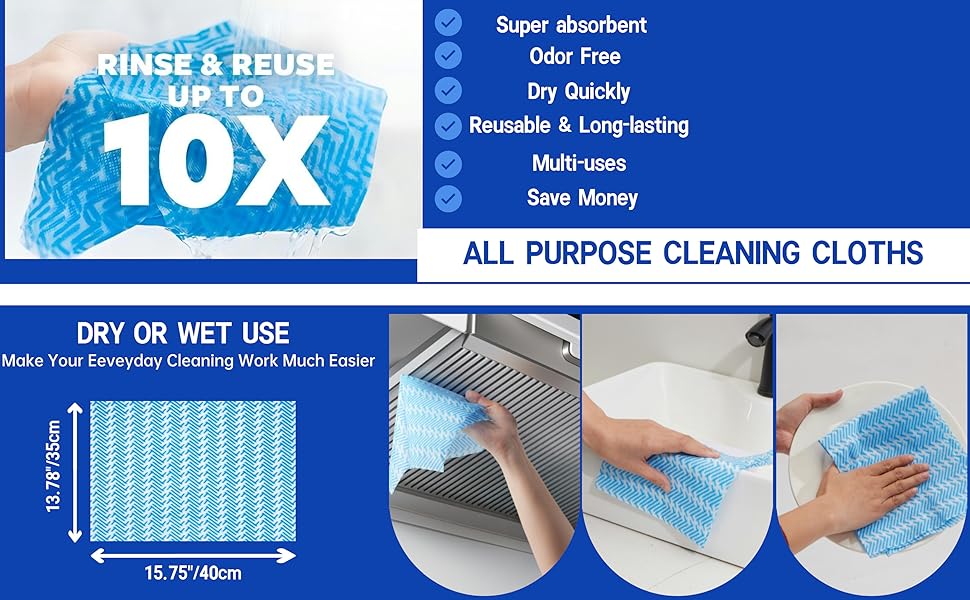 Handi Wipes Reusable Cloths Disposable Cleaning Towels Dry Kitchen Wipes Reusable Dish Towel Washcloths Dry Fast Multi-Purpose Heavy Duty Towels, Thick and Absorbnet 40 Count/Pack, Blue