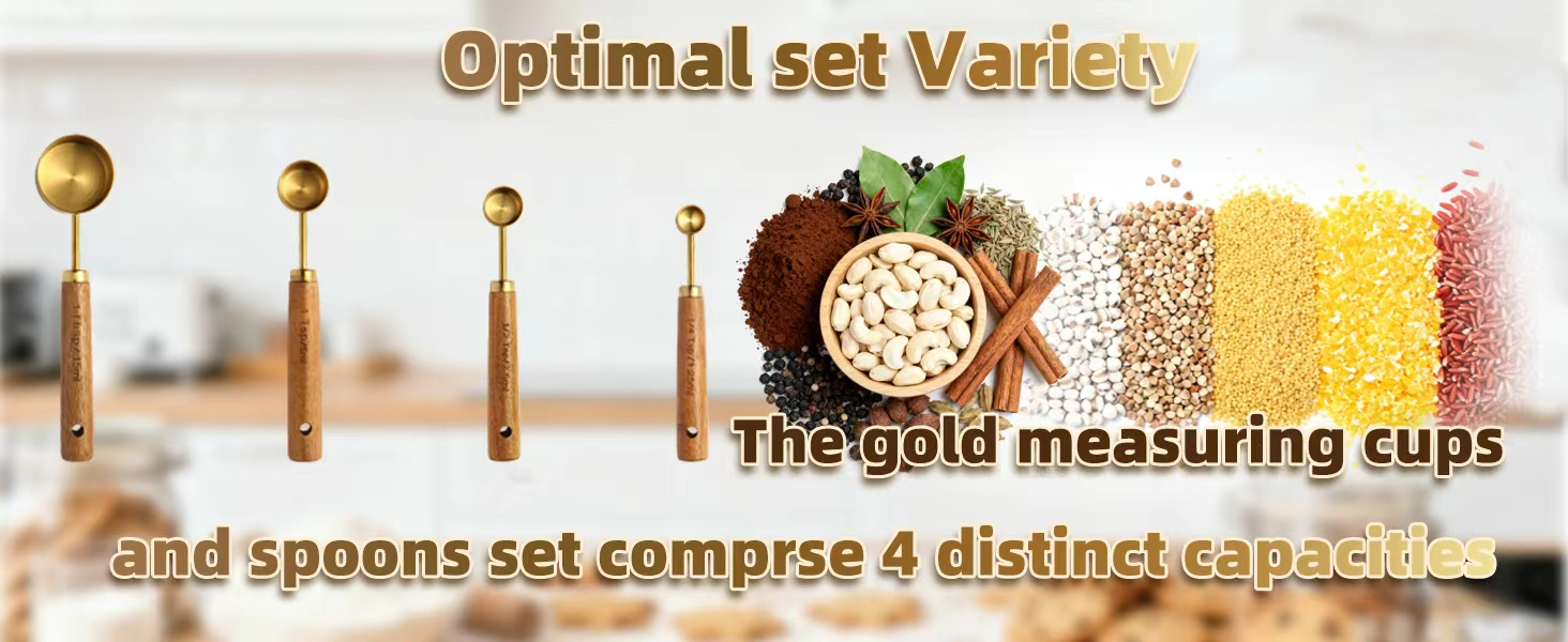 Gold Measuring Cups and Spoons Set of 4, Golden Stainless Steel Measuring Cups with Wooden Handles brass Measuring Spoons Set for Baking Supplies