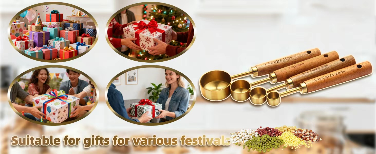 Gold Measuring Cups and Spoons Set of 4, Golden Stainless Steel Measuring Cups with Wooden Handles brass Measuring Spoons Set for Baking Supplies