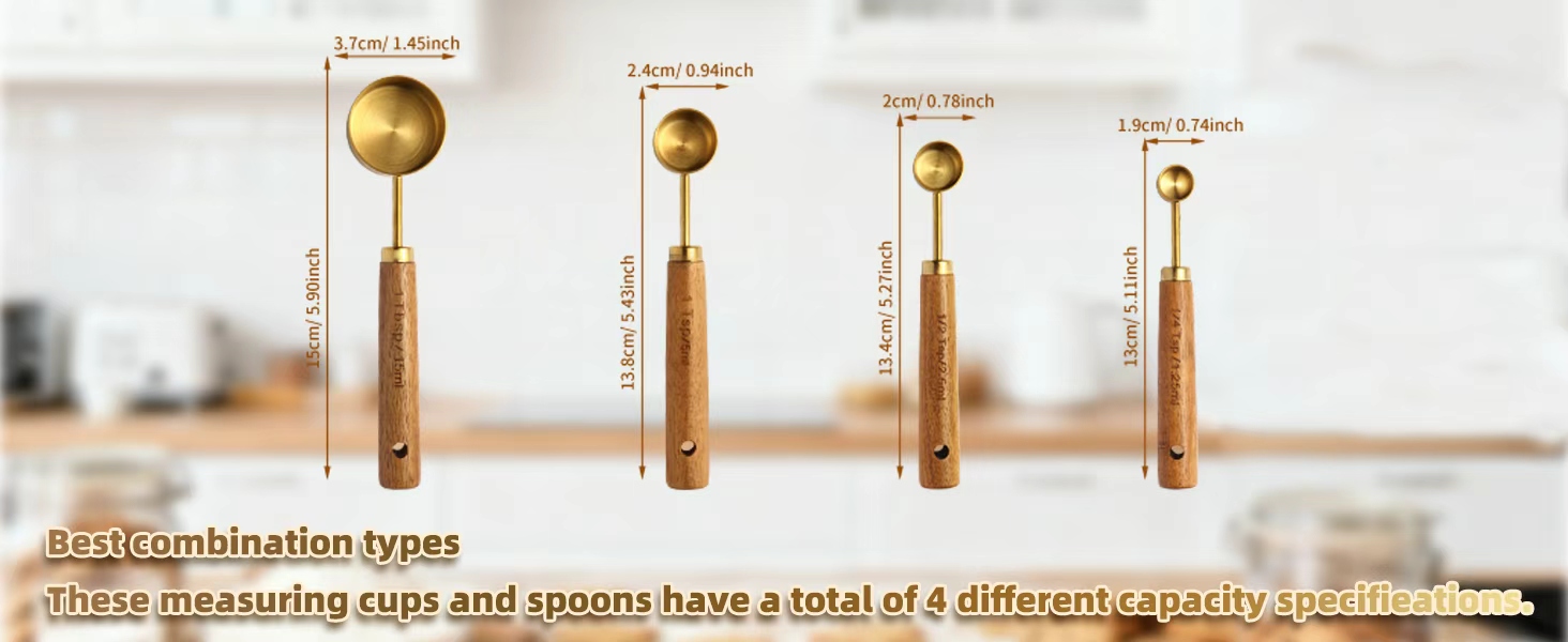 Gold Measuring Cups and Spoons Set of 4, Golden Stainless Steel Measuring Cups with Wooden Handles brass Measuring Spoons Set for Baking Supplies