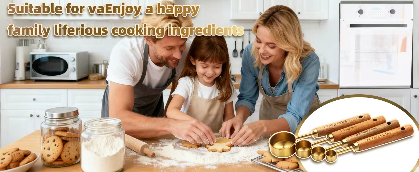 Gold Measuring Cups and Spoons Set of 4, Golden Stainless Steel Measuring Cups with Wooden Handles brass Measuring Spoons Set for Baking Supplies