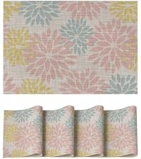 Artoid Mode Floral Vinyl Placemats Set of 4, Heat Resistant Washable Non-Slip Plastic PVC Place Mats for Party Kitchen Dining Decor, Blue Grey