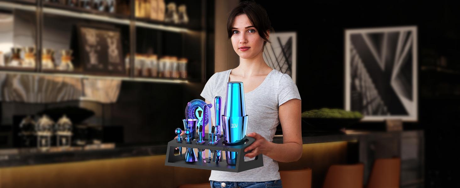 IOV Cocktail Shaker Set: 12-Piece Mixology Bartender Kit Bar Set | 18oz & 28oz Boston Shaker Drink Mixing Tools for Home with Recipe Booklet and Stand | Fun Housewarming Gift (Rainbow)