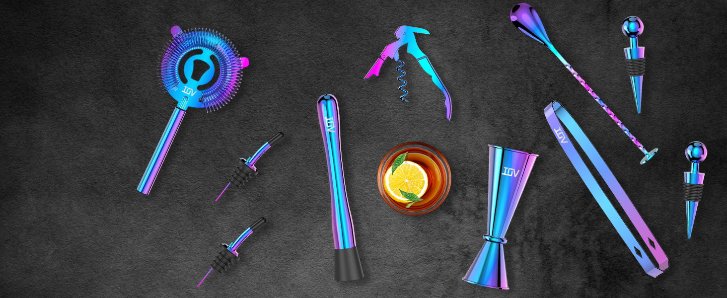 IOV Cocktail Shaker Set: 12-Piece Mixology Bartender Kit Bar Set | 18oz & 28oz Boston Shaker Drink Mixing Tools for Home with Recipe Booklet and Stand | Fun Housewarming Gift (Rainbow)