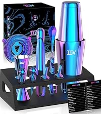 IOV Cocktail Shaker Set: 12-Piece Mixology Bartender Kit Bar Set | 18oz & 28oz Boston Shaker Drink Mixing Tools for Home with Recipe Booklet and Stand | Fun Housewarming Gift (Rainbow)