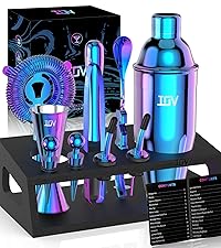 IOV Cocktail Shaker Set: 12-Piece Mixology Bartender Kit Bar Set | 18oz & 28oz Boston Shaker Drink Mixing Tools for Home with Recipe Booklet and Stand | Fun Housewarming Gift (Rainbow)