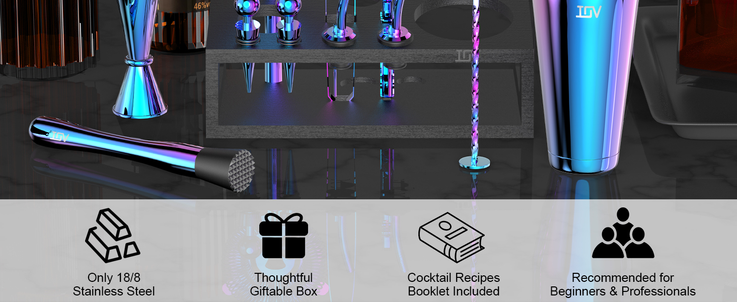 IOV Cocktail Shaker Set: 12-Piece Mixology Bartender Kit Bar Set | 18oz & 28oz Boston Shaker Drink Mixing Tools for Home with Recipe Booklet and Stand | Fun Housewarming Gift (Rainbow)
