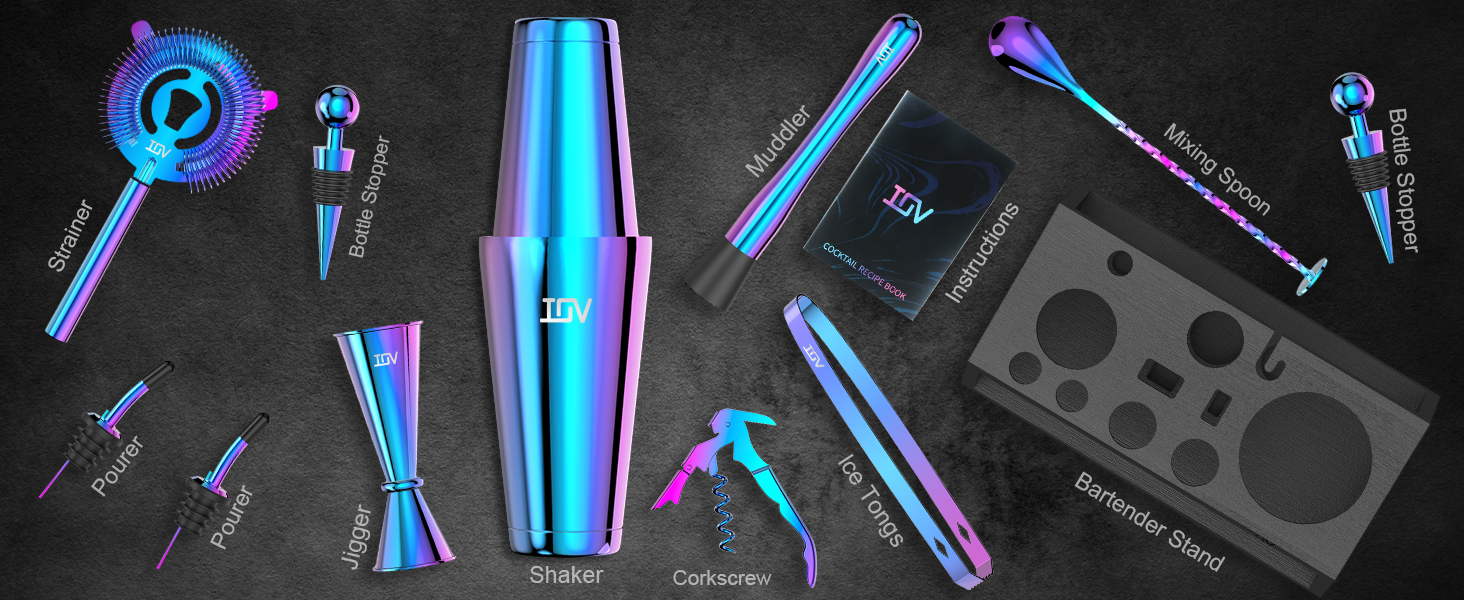 IOV Cocktail Shaker Set: 12-Piece Mixology Bartender Kit Bar Set | 18oz & 28oz Boston Shaker Drink Mixing Tools for Home with Recipe Booklet and Stand | Fun Housewarming Gift (Rainbow)