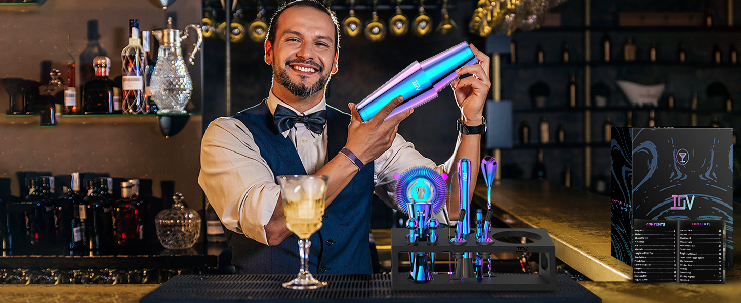 IOV Cocktail Shaker Set: 12-Piece Mixology Bartender Kit Bar Set | 18oz & 28oz Boston Shaker Drink Mixing Tools for Home with Recipe Booklet and Stand | Fun Housewarming Gift (Rainbow)