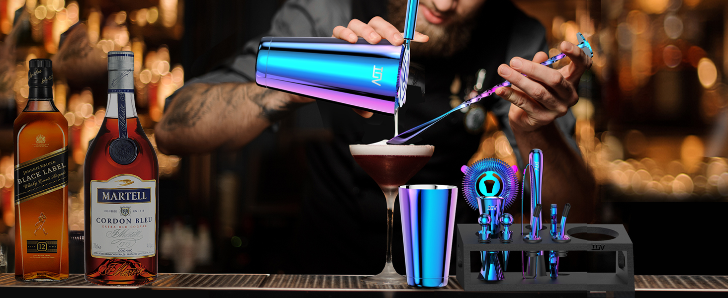 IOV Cocktail Shaker Set: 12-Piece Mixology Bartender Kit Bar Set | 18oz & 28oz Boston Shaker Drink Mixing Tools for Home with Recipe Booklet and Stand | Fun Housewarming Gift (Rainbow)