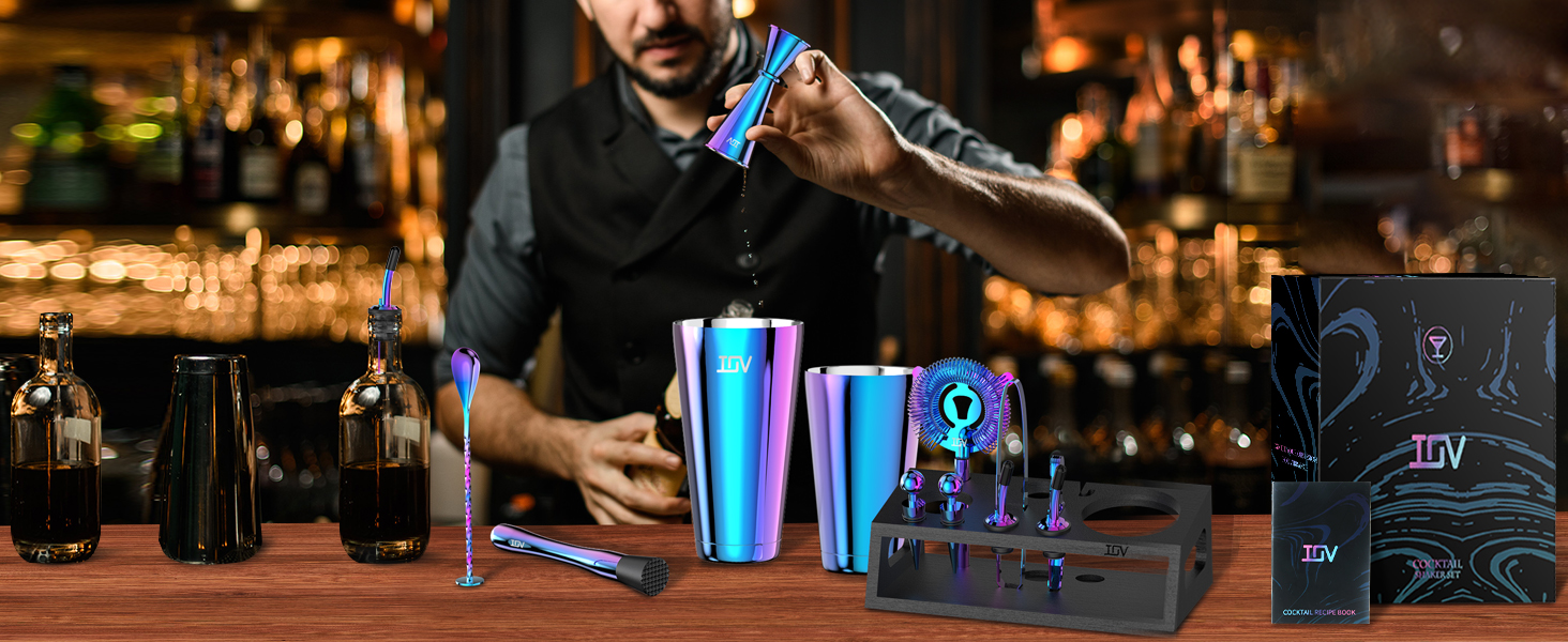 IOV Cocktail Shaker Set: 12-Piece Mixology Bartender Kit Bar Set | 18oz & 28oz Boston Shaker Drink Mixing Tools for Home with Recipe Booklet and Stand | Fun Housewarming Gift (Rainbow)