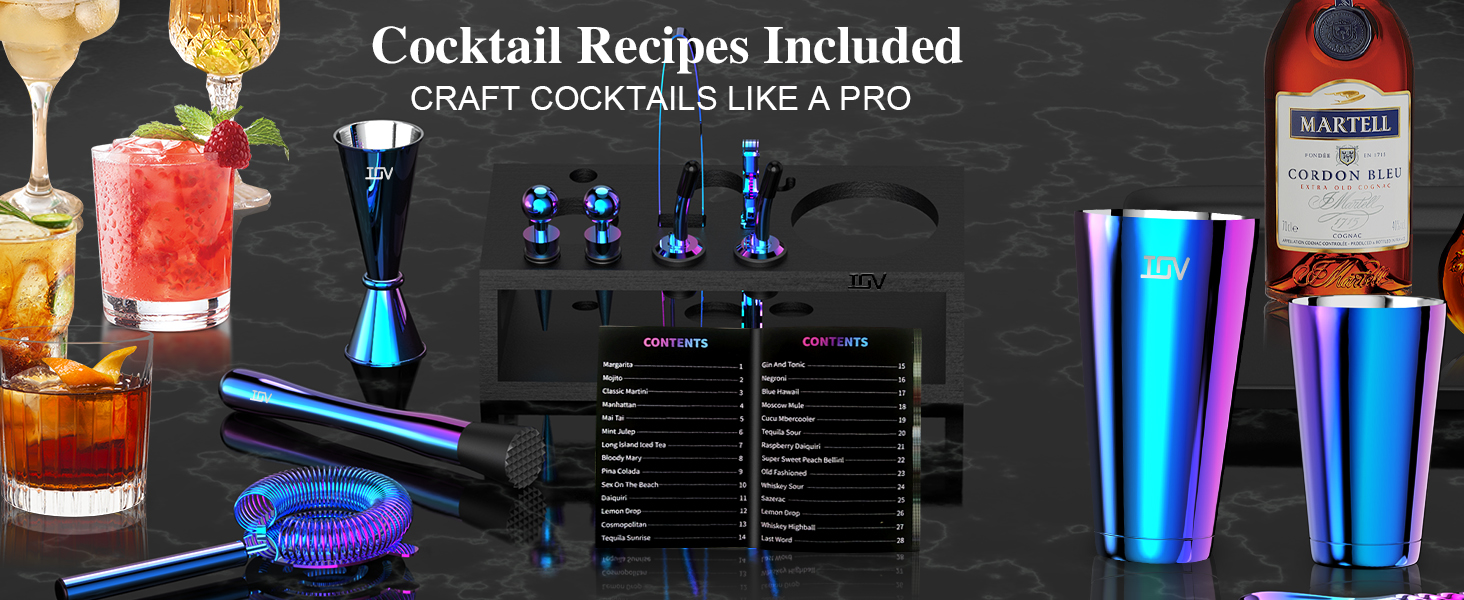 IOV Cocktail Shaker Set: 12-Piece Mixology Bartender Kit Bar Set | 18oz & 28oz Boston Shaker Drink Mixing Tools for Home with Recipe Booklet and Stand | Fun Housewarming Gift (Rainbow)