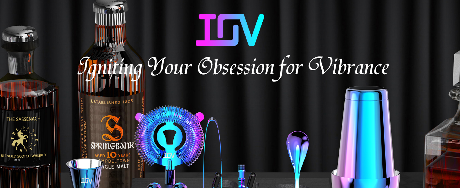 IOV Cocktail Shaker Set: 12-Piece Mixology Bartender Kit Bar Set | 18oz & 28oz Boston Shaker Drink Mixing Tools for Home with Recipe Booklet and Stand | Fun Housewarming Gift (Rainbow)