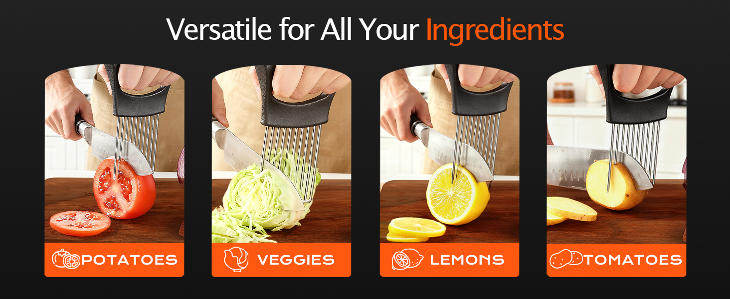 Onion Slicer, Stainless Steel Onion Holder for Slicing with Protective Case, Onion Cutter Tool for Meat Lemon Potato Tomato Avocado Egg Kitchen Slicing Assistant Tool (1 PCS)