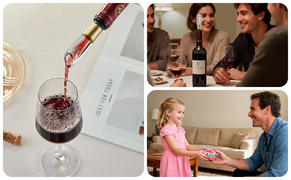 Elegant Wine Aerator Pourer Spout by ELMWAY - Clear Wine Air Aerator Enhances Flavor, Aroma & Finish, No Spill Design, Wine Accessory Gift for Wine Lovers - Gold