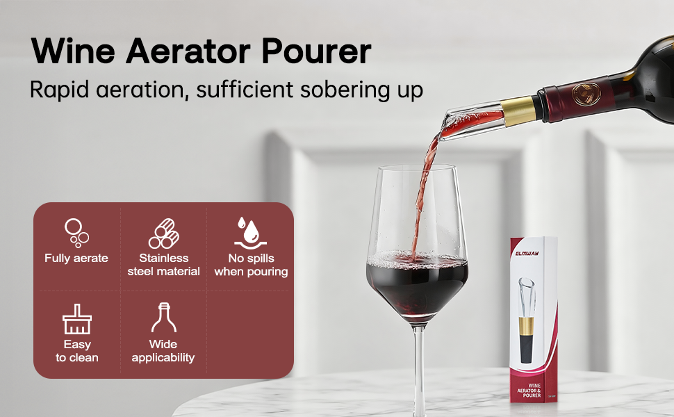 Elegant Wine Aerator Pourer Spout by ELMWAY - Clear Wine Air Aerator Enhances Flavor, Aroma & Finish, No Spill Design, Wine Accessory Gift for Wine Lovers - Gold