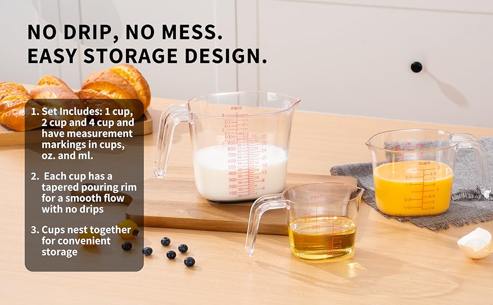 3PCS Nesting Liquid Measuring Cups Set, Measuring Jugs For Kitchen Cooking & Baking,Heat Resistant up to 210°F,BPA Free Plastic Set with Spout Multiple Measurement Scales(Cups/Ounces/Milliliters)