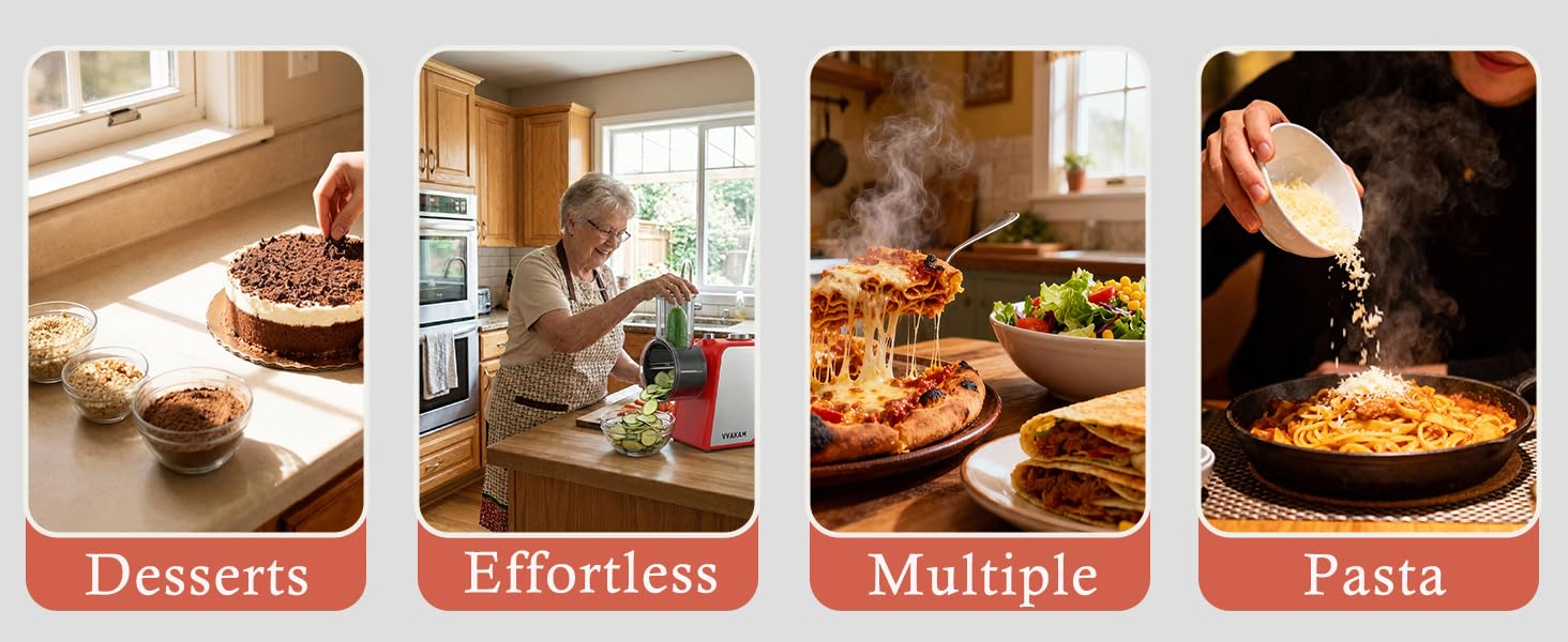 Electric Cheese Grater,300W DC Motor Salad Maker,Electric Slicer Shredder with 5 Different Shapes of Blades,Electric Vegetable Cutter for Potato,Carrot,Black