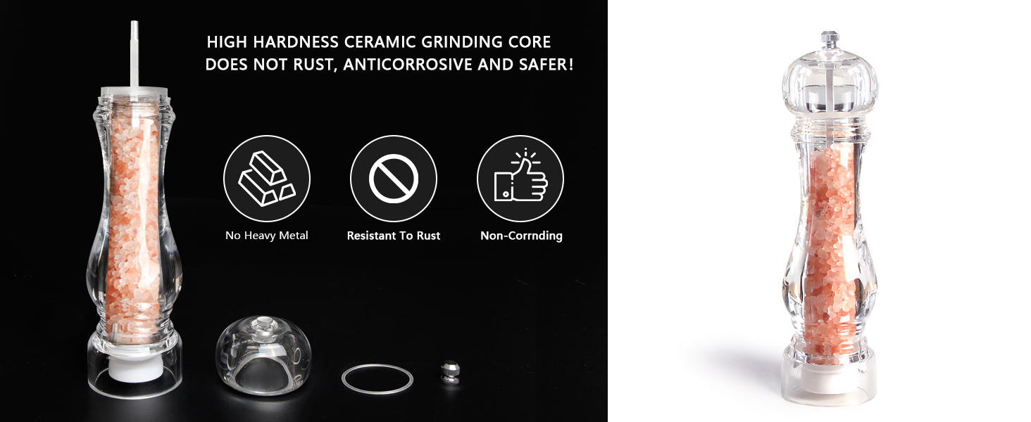 LHS Pepper Mill Grinder Salt Grinder, Arcylic Peppercorn Grinders with Adjustable Ceramic Coarseness-Clear(1 Pack)