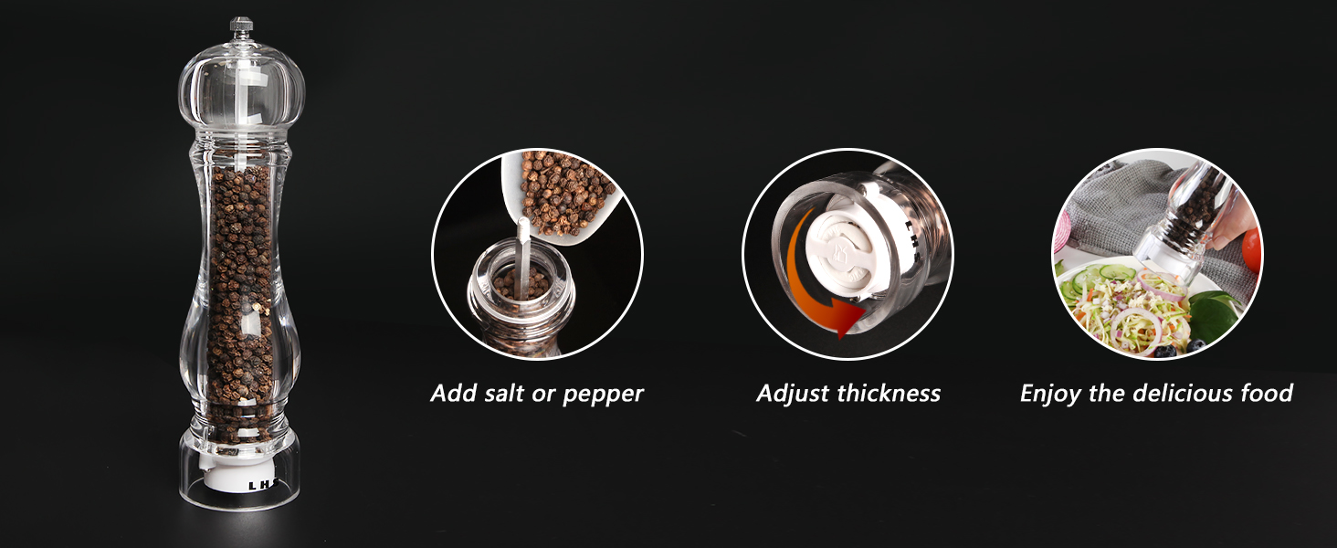 LHS Pepper Mill Grinder Salt Grinder, Arcylic Peppercorn Grinders with Adjustable Ceramic Coarseness-Clear(1 Pack)