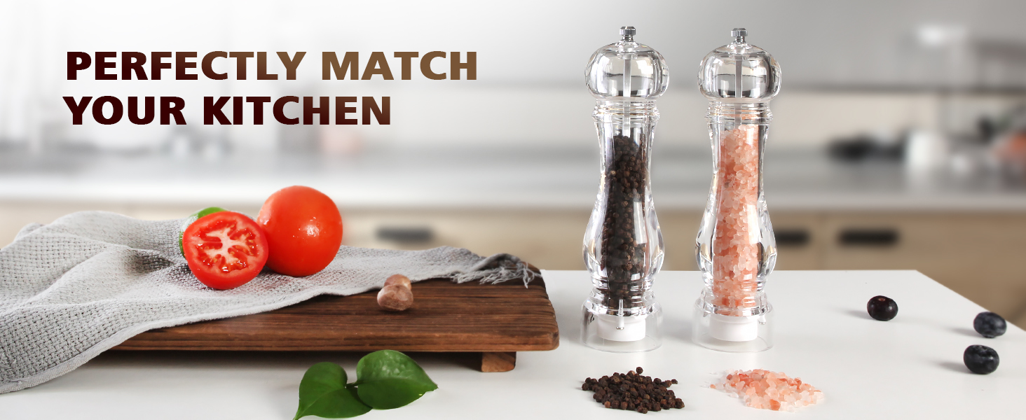 LHS Pepper Mill Grinder Salt Grinder, Arcylic Peppercorn Grinders with Adjustable Ceramic Coarseness-Clear(1 Pack)