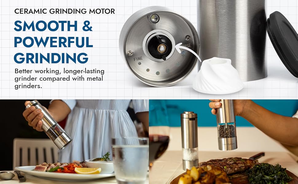 Electric Salt and Pepper Grinder Set, USB-C Rechargeable Stainless Steel Mills with LED Light, Adjustable Ceramic Grinders and Acrylic Mill Rest Tray