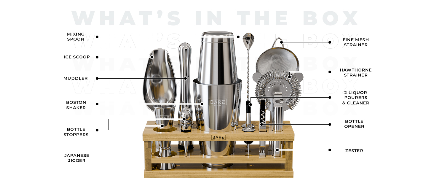 BARE BARREL® Mixology Bartender Kit Bar Set | 16-Piece Cocktail Shaker Set | Martini Barware Mixing Tools for Home Bartending | Incl. 35 Recipe Cards | Gift Set (28oz Boston Shaker, Jet Black/Black)