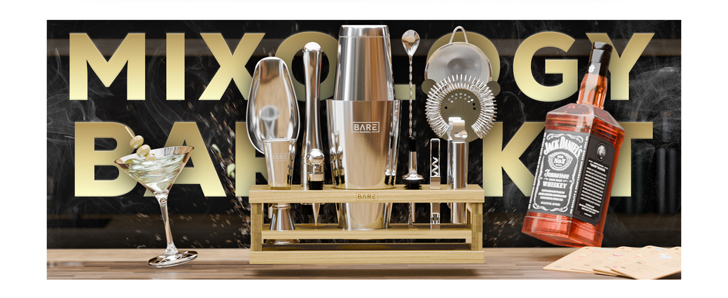 BARE BARREL® Mixology Bartender Kit Bar Set | 16-Piece Cocktail Shaker Set | Martini Barware Mixing Tools for Home Bartending | Incl. 35 Recipe Cards | Gift Set (28oz Boston Shaker, Silver/Black)