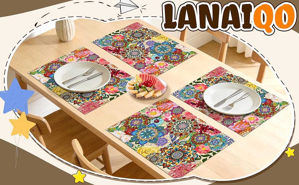 Boho Floral Placemats Set of 4, Colorful Flowers Decorative Dining Table Mats 12