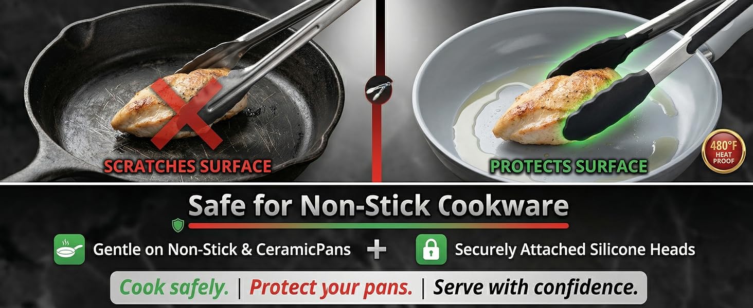 Kitchen Tongs with Silicone Tips, Kitchen Tongs, Cooking Tongs, Premium Stainless Steel Locking Cooking Tongs, Non-Slip Food Tongs for Cooking, Heavy Duty, Non-Stick, 480℉, Set of 3-7