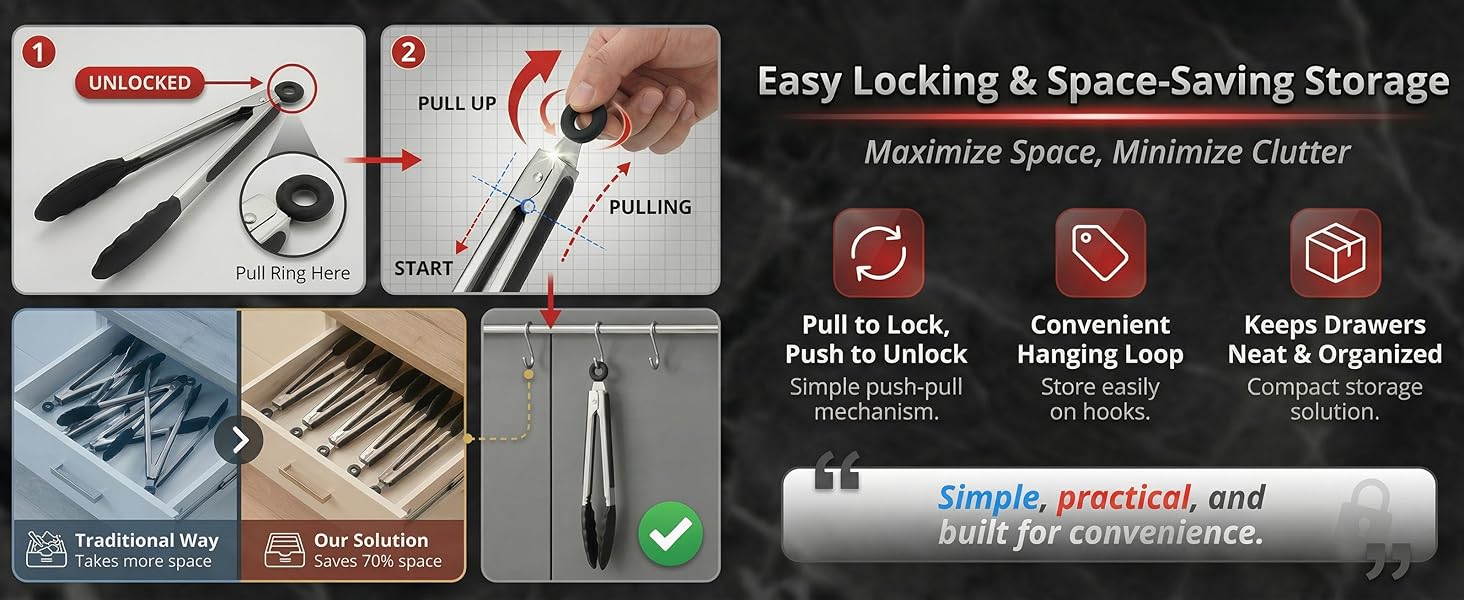 Kitchen Tongs with Silicone Tips, Kitchen Tongs, Cooking Tongs, Premium Stainless Steel Locking Cooking Tongs, Non-Slip Food Tongs for Cooking, Heavy Duty, Non-Stick, 480℉, Set of 3-7