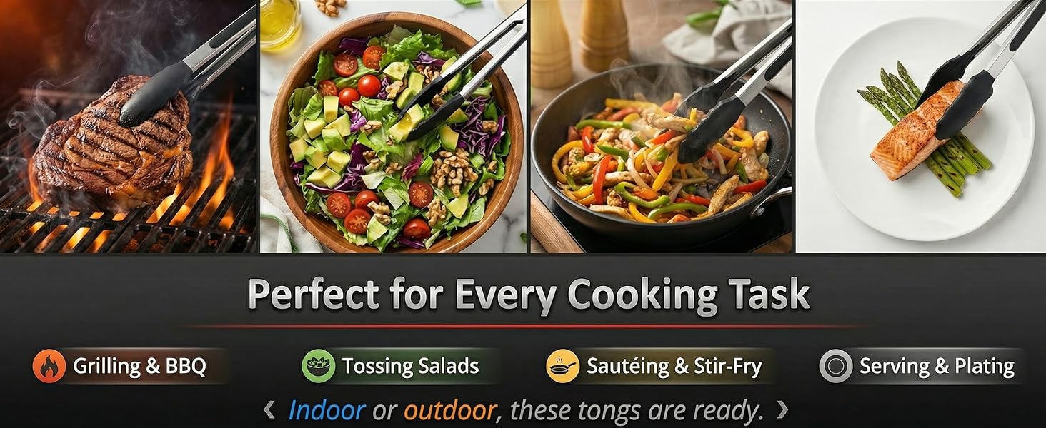 Kitchen Tongs with Silicone Tips, Kitchen Tongs, Cooking Tongs, Premium Stainless Steel Locking Cooking Tongs, Non-Slip Food Tongs for Cooking, Heavy Duty, Non-Stick, 480℉, Set of 3-7