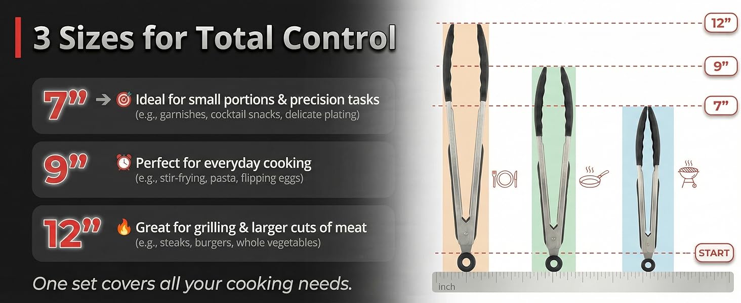 Kitchen Tongs with Silicone Tips, Kitchen Tongs, Cooking Tongs, Premium Stainless Steel Locking Cooking Tongs, Non-Slip Food Tongs for Cooking, Heavy Duty, Non-Stick, 480℉, Set of 3-7