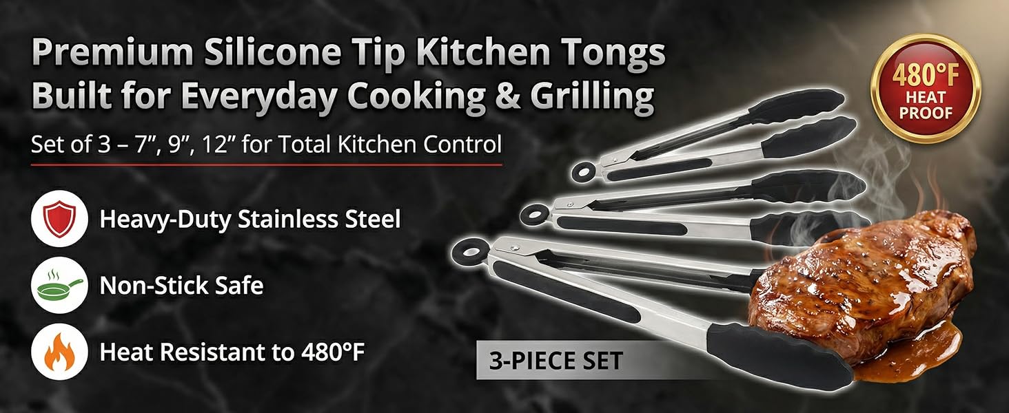 Kitchen Tongs with Silicone Tips, Kitchen Tongs, Cooking Tongs, Premium Stainless Steel Locking Cooking Tongs, Non-Slip Food Tongs for Cooking, Heavy Duty, Non-Stick, 480℉, Set of 3-7