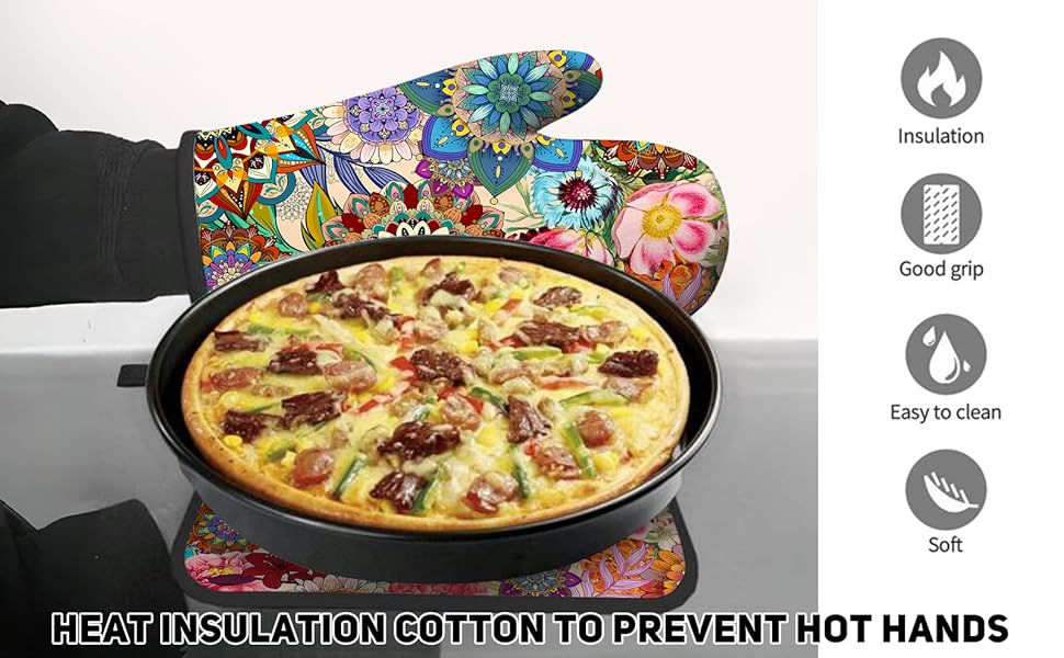 Boho Floral Oven Mitts and Pot Holders Sets, Heat Resistant Colorful Kitchen Gloves Hot Pads, Cute Baker Stuff, Chef Cooking Baking Gifts for Women Bakers, Kitchen Gifts for Cooking Lover Cooks Mom